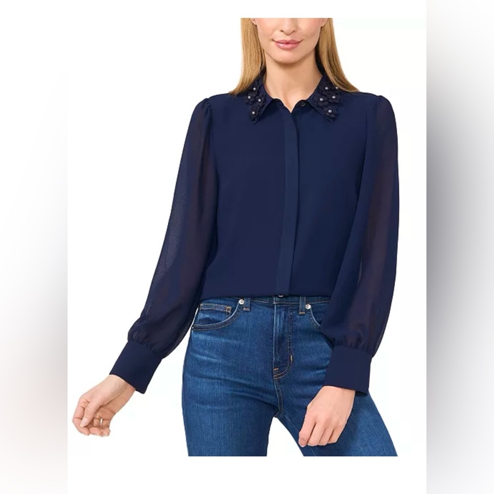 CeCe Navy Blue Blouse with Embellished Collar
